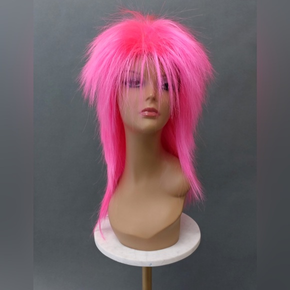 Hot Pink Long Spiky 80s Punk Mullet Rockstar Costume Wig - Picture 1 of 6